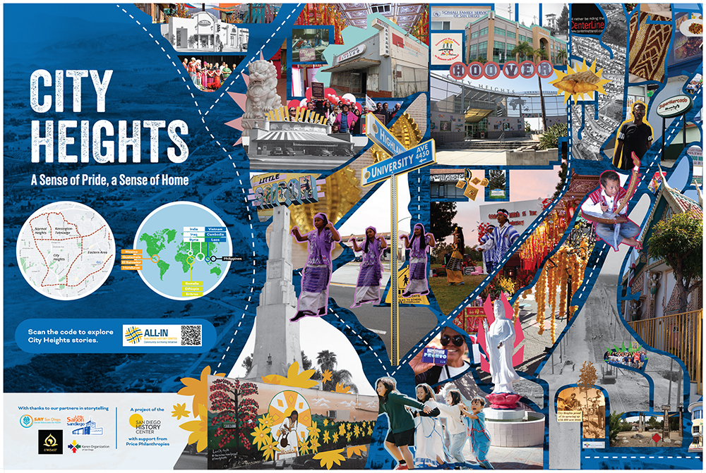 A color collage showing different scenes in a neighborhood: buildings, cars, people dancing, children playing.