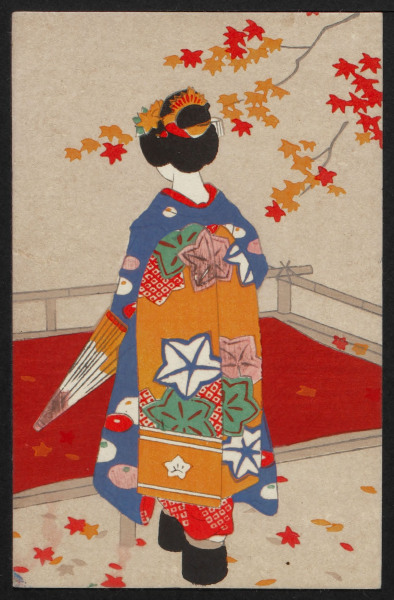 Freda Mae (Rustemeyer) De Pillis, Postcard of a Japanese woman with her back to us, wearing a Japanese Kimono and holding a closed umbrella, underneath a tree with orange and yellow leaves.