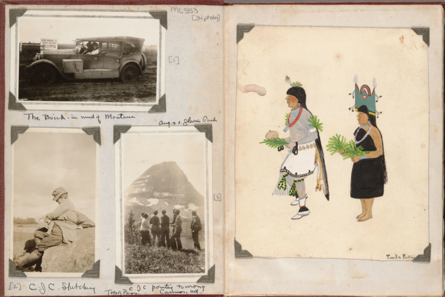 Page from a travel scrapbook, with three photographs and an illustration stuck in. The illustration is of two women in traditional dress. The photos are: top) an old car; bottom left) a person dressed in uniform sat on a rock with their head titled down as if asleep,facing the left; botton right) a group of 5 men standing with a mountain in the distance behind.
