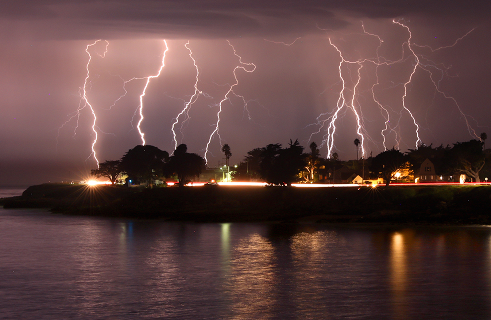 Lightning strikes over West Cliff Drive, Santa Cruz
