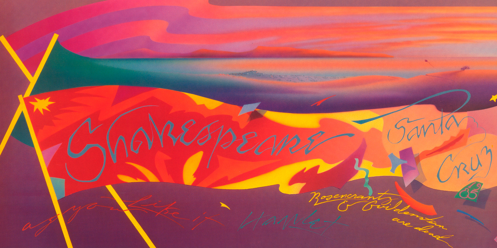 Red flag graphic with 'Shakespeare Santa Cruz' written across