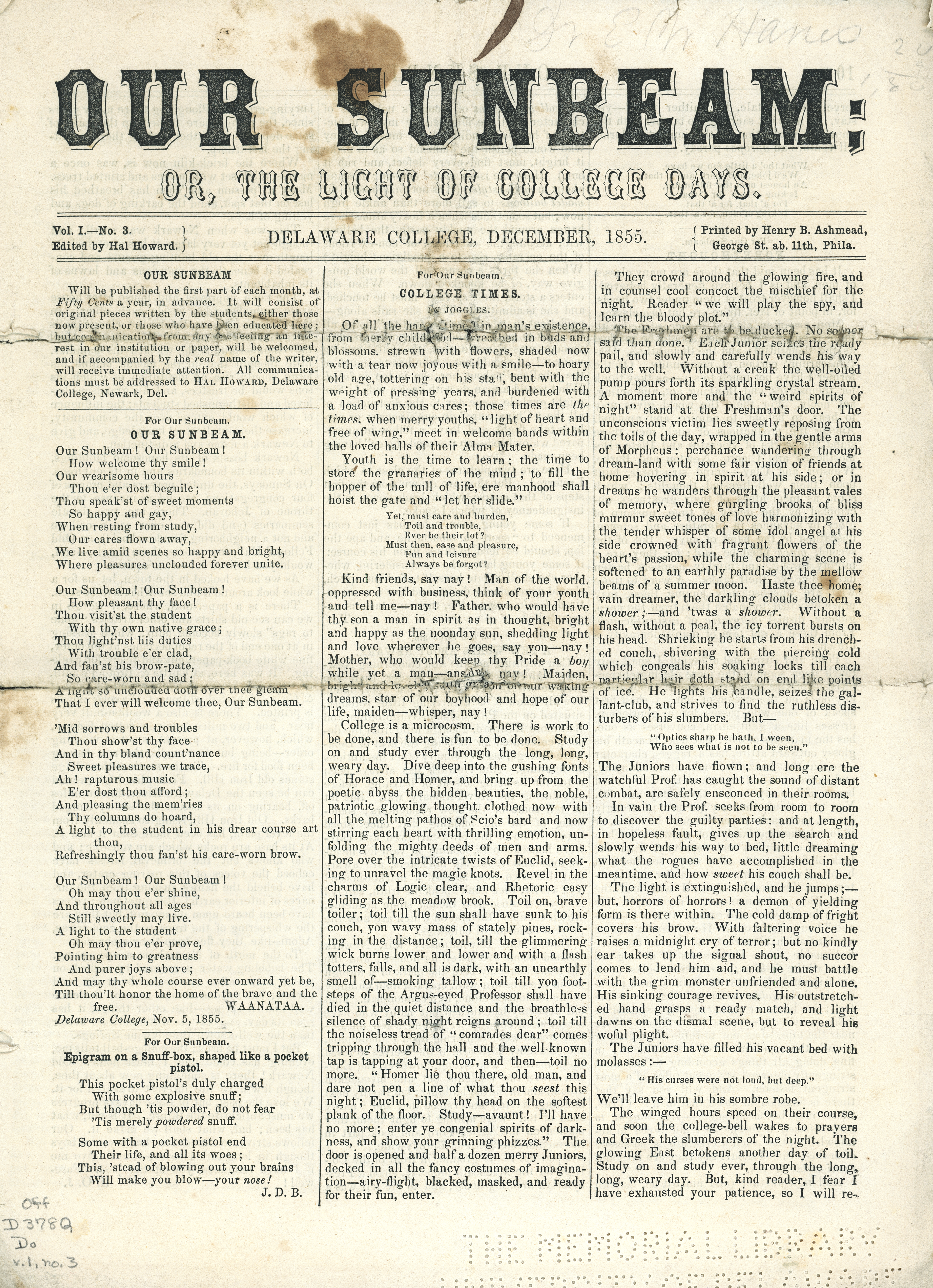Front page of November 1855 Our Sunbeam newspaper.