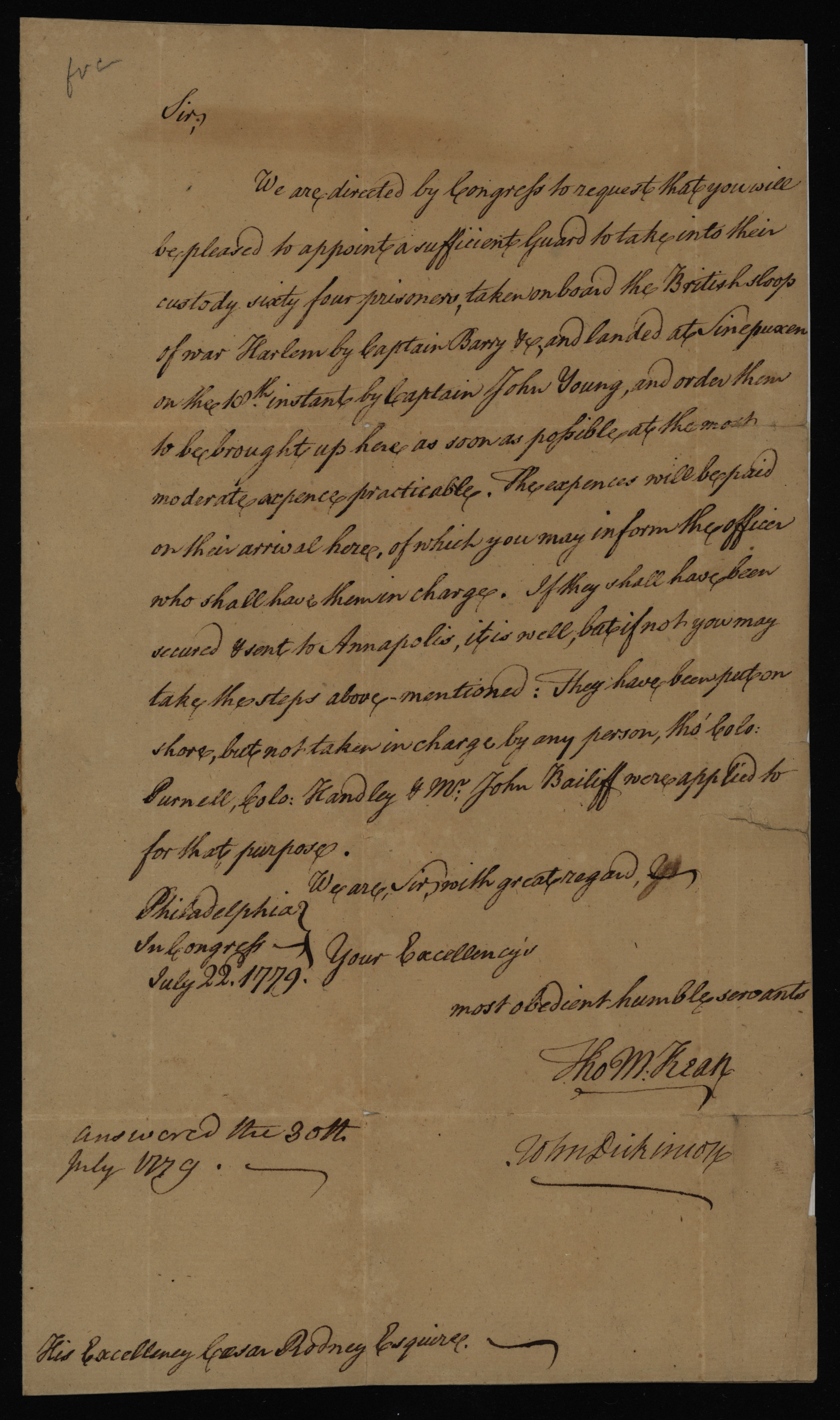 MSS 0098, F0054--John Dickinson and Thomas McKean letter to Caesar Rodney