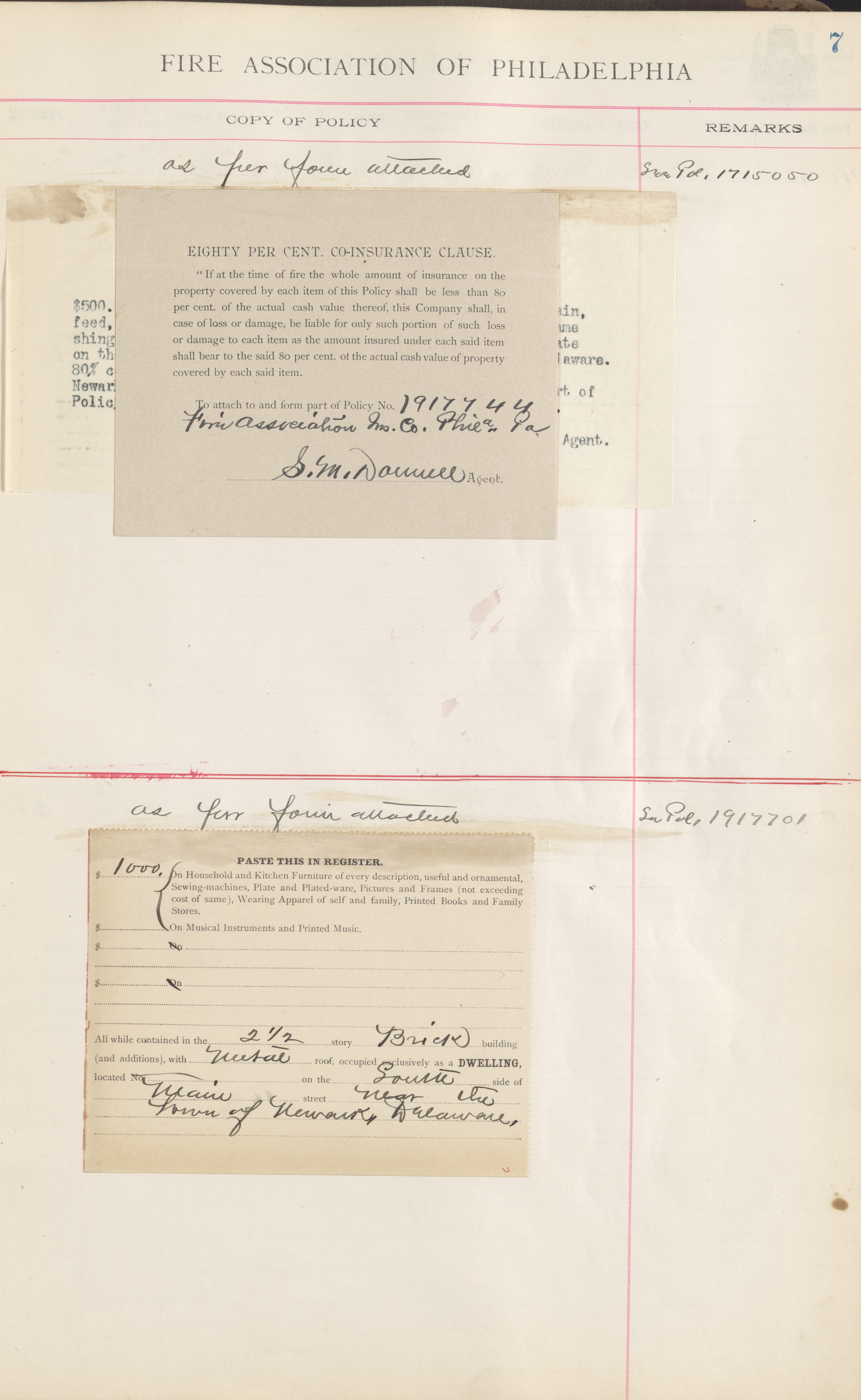 Samuel M. Donnell insurance records for Newark, Delaware