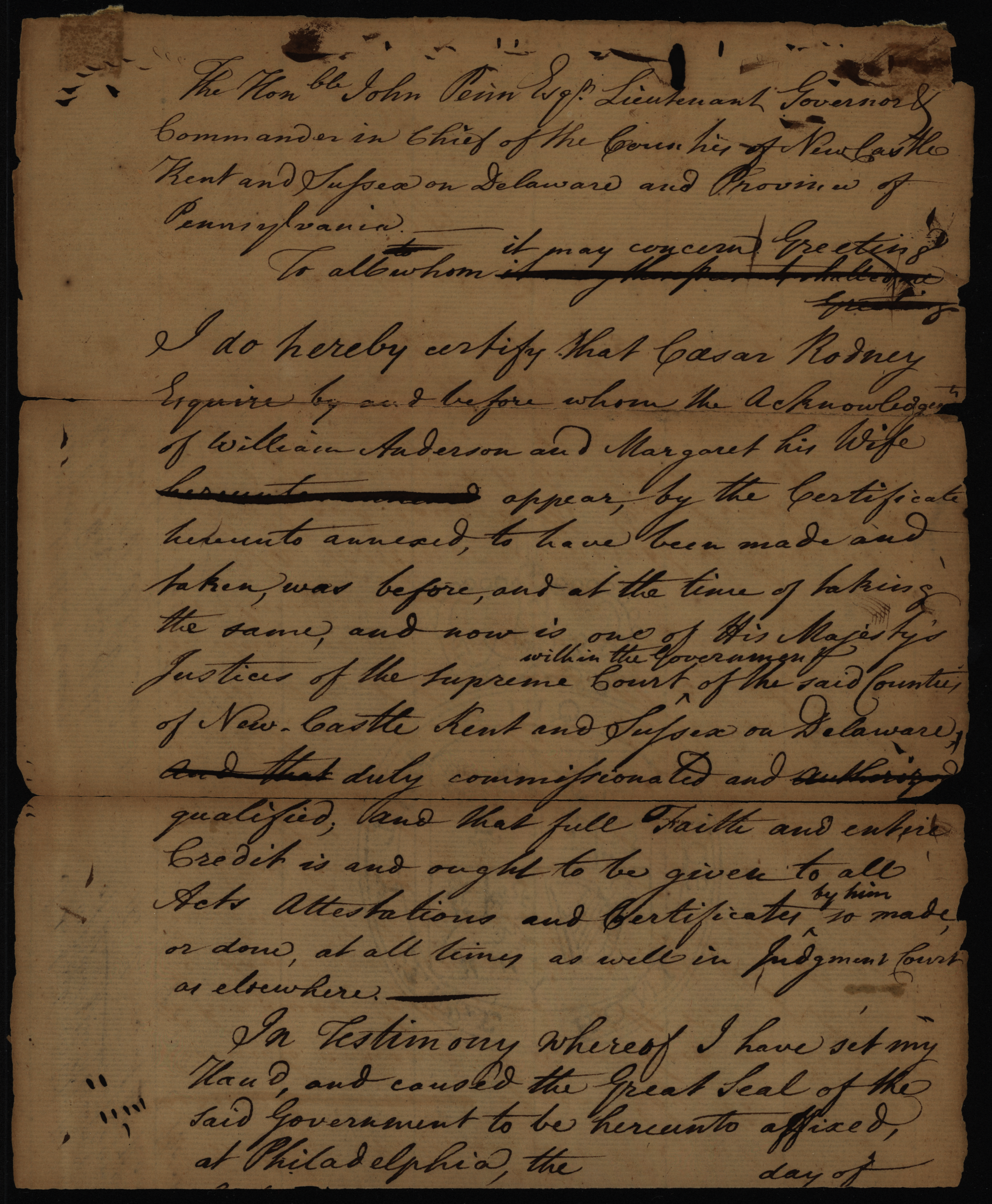 MSS 0098, F0049--John Penn document certifying Caesar Rodney as Colonial Supreme Court Justice