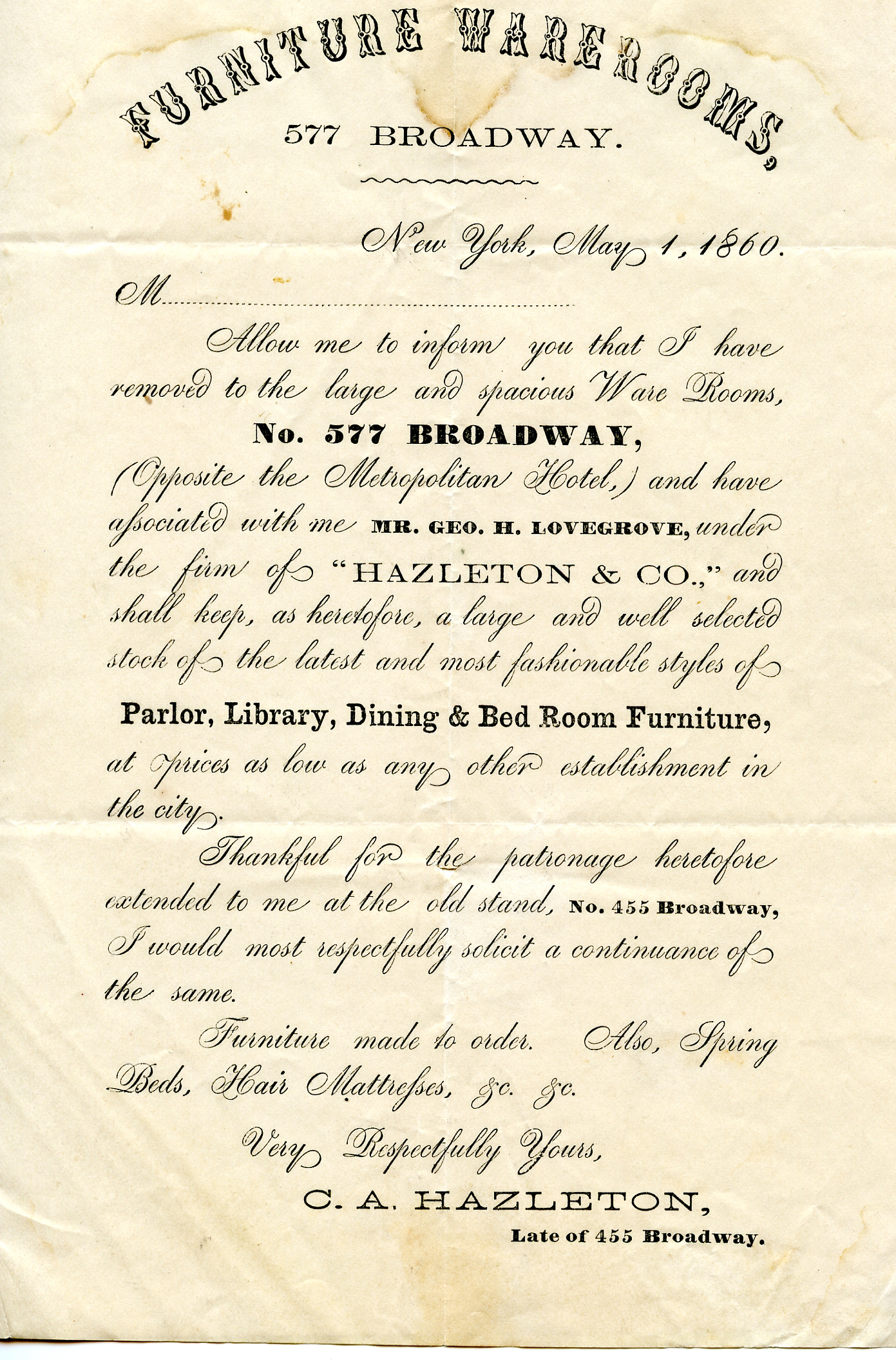 Trade card advertising furniture warerooms in New York City.