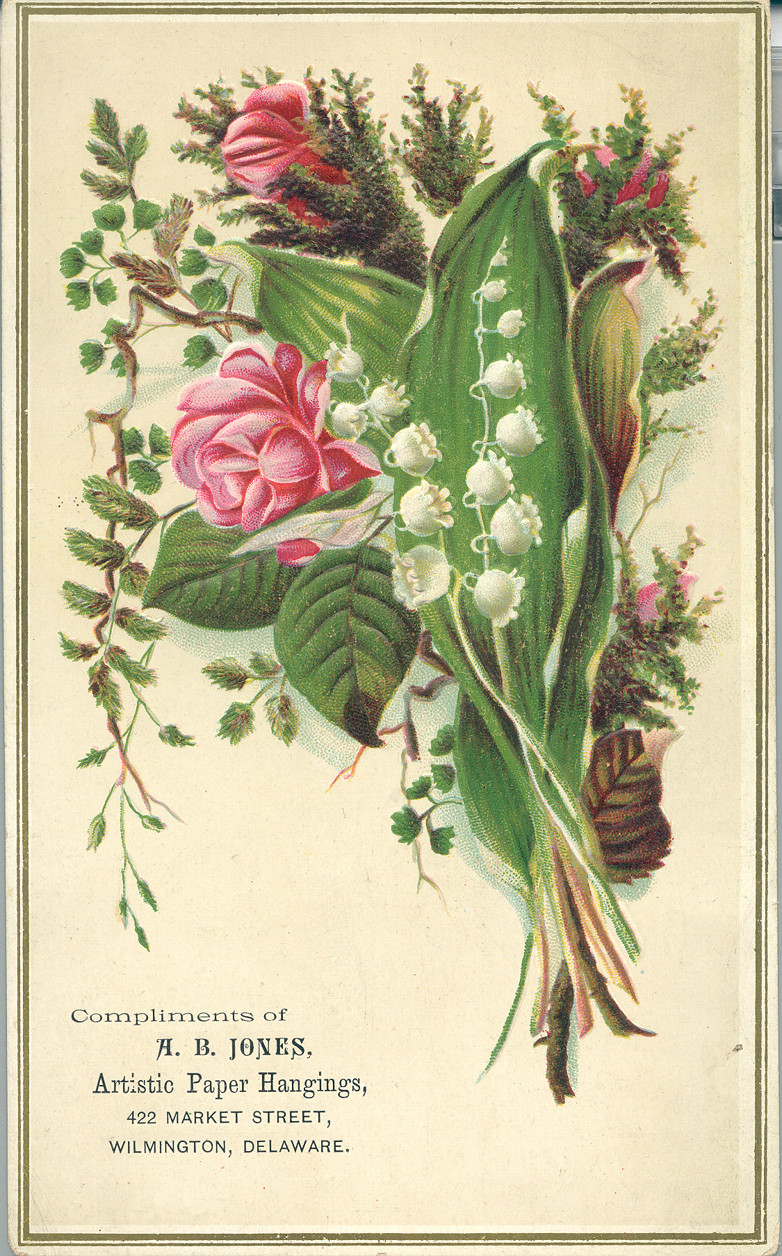 Trade card with a design of a bouquet of flowers advertising artistic paper hangings.