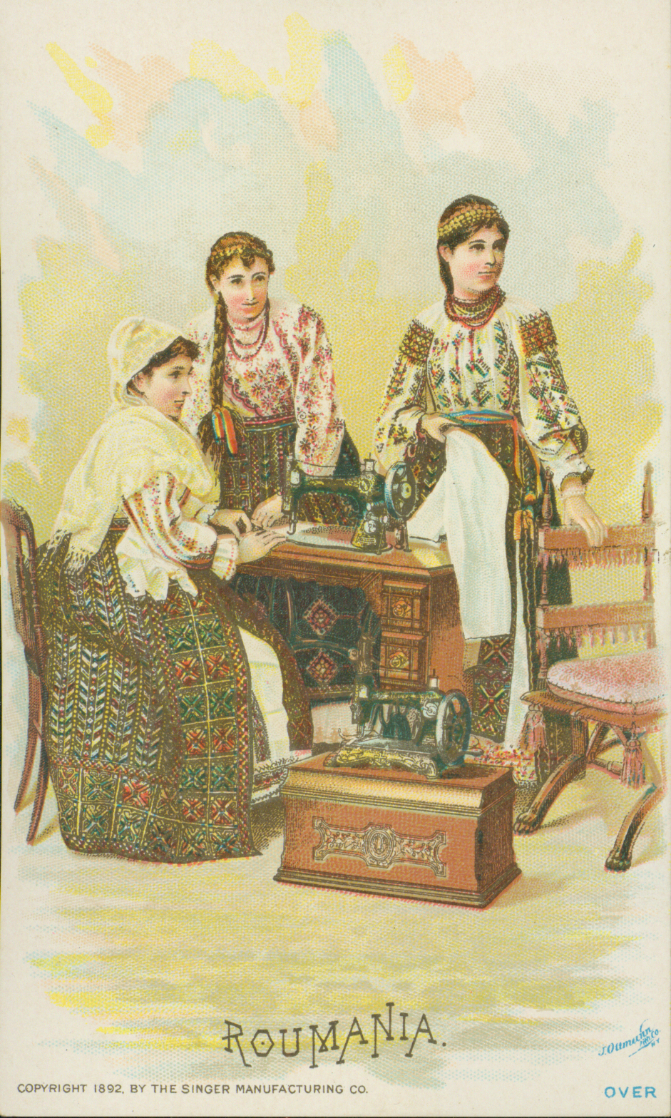 Trade card showing a group of three women in traditional Romanian dress.