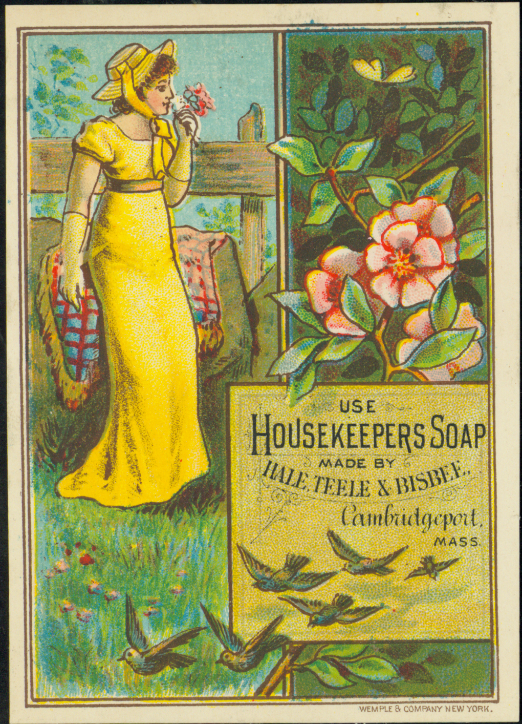 Trade card with the design of a woman in a yellow dress standing in a garden.