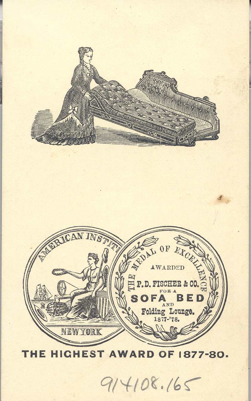 Trade card with a drawing of a woman demonstrating the use of a convertible sofa bed.