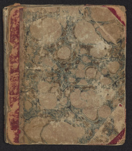 Cover of British Sign Language alphabet book. It has blue marbling and a red binding. It is worn.