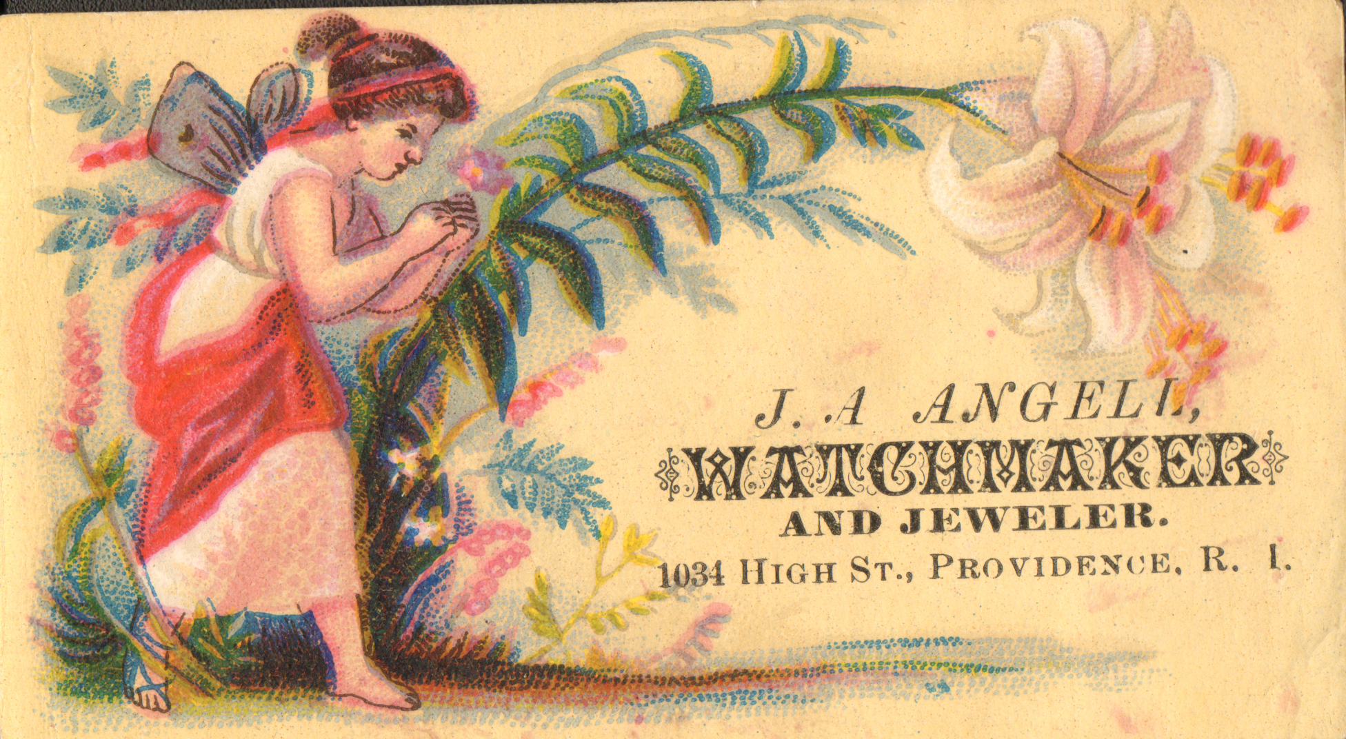 Trade card advertising J.A. Angell Watchmaker and Jeweler.