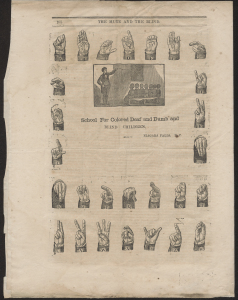 The back page of The Mute and the Blind newspaper. Twenty-seven hands signing the alphabet and the word “and” in ASL frame a racist anti-Black illustration.