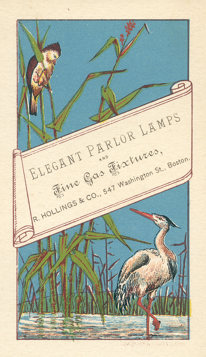 Blue trade card with a white banner advertising parlor lamps.