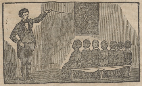 Detail of illustration. Seven Black children sit in front of a white male instructor. The phrase, “There is a God,” is written on the chalkboard.